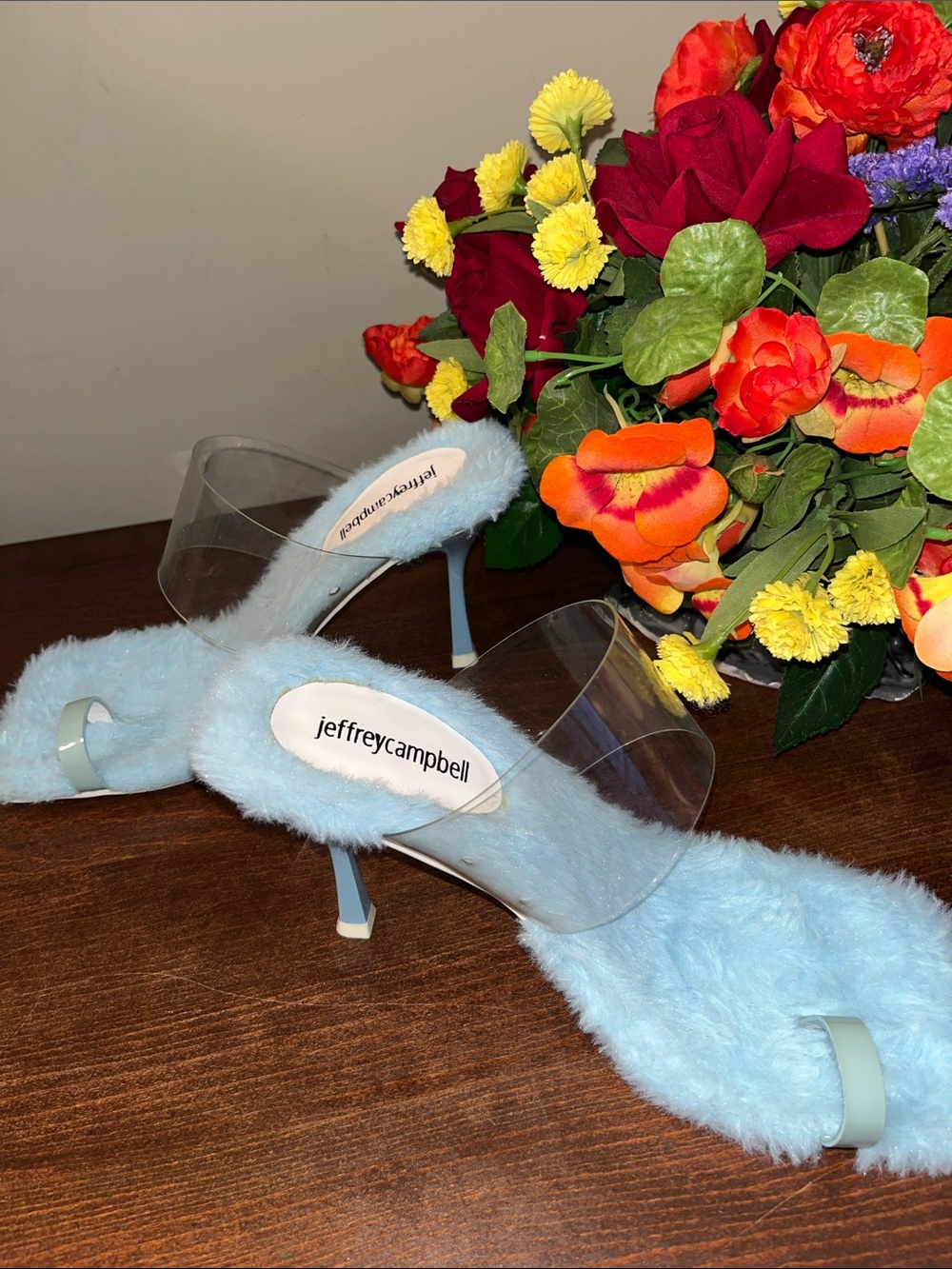 Jeffrey Campbell Baby Blue Faux-Fur Clear Strap Stiletto Mules